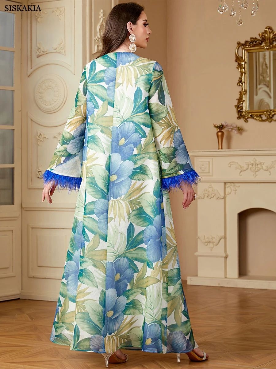 Elegant Floral Print Jalabiya with Appliques and Long Sleeves Elegant Floral Print Jalabiya with Appliques and Long Sleeves