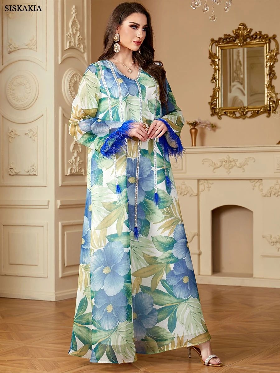 Elegant Floral Print Jalabiya with Appliques and Long Sleeves Elegant Floral Print Jalabiya with Appliques and Long Sleeves