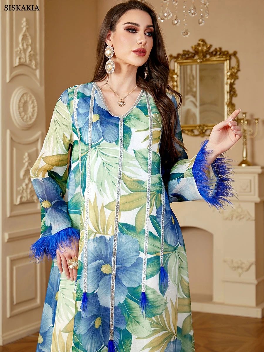 Elegant Floral Print Jalabiya with Appliques and Long Sleeves Elegant Floral Print Jalabiya with Appliques and Long Sleeves