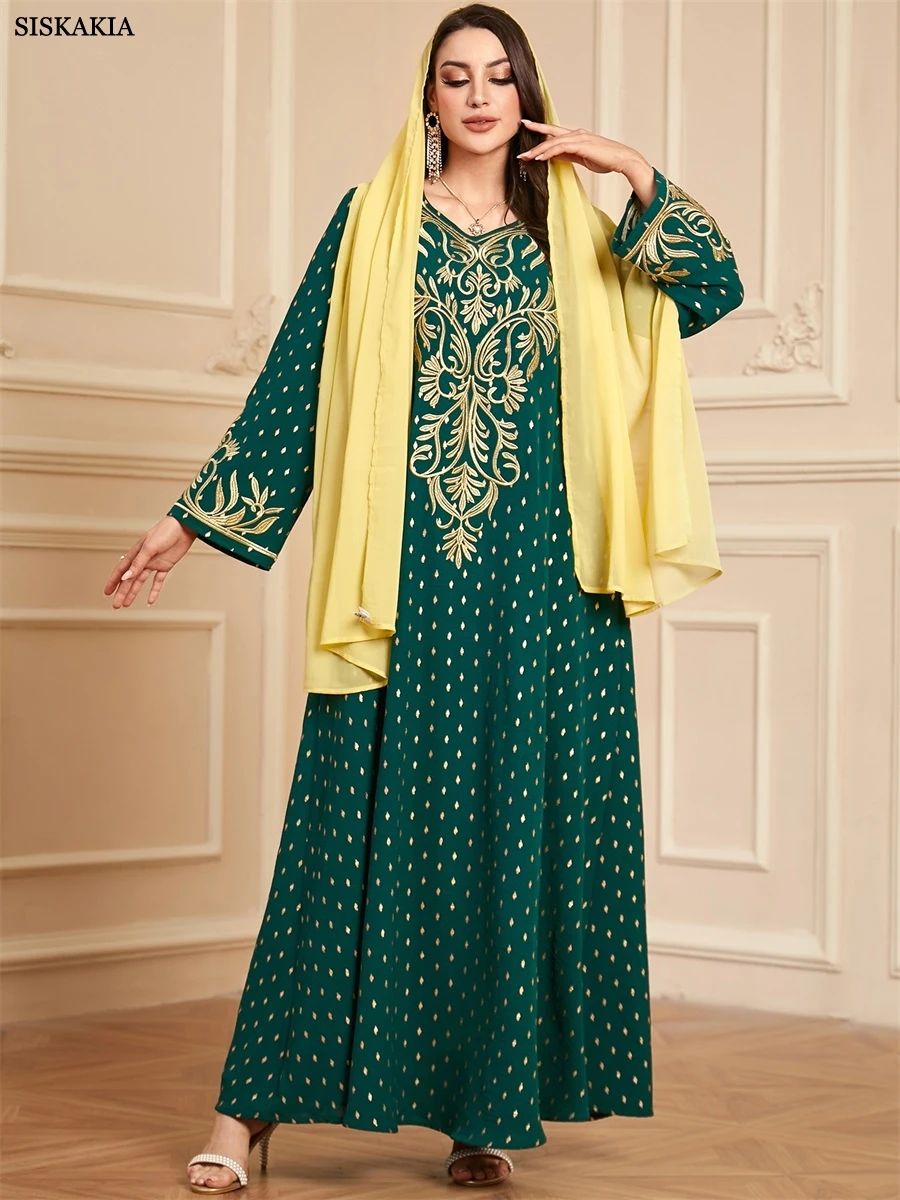 Elegant Embroidered Jalabiya with Matching Scarf and Long Sleeves Elegant Embroidered Jalabiya with Matching Scarf and Long Sleeves