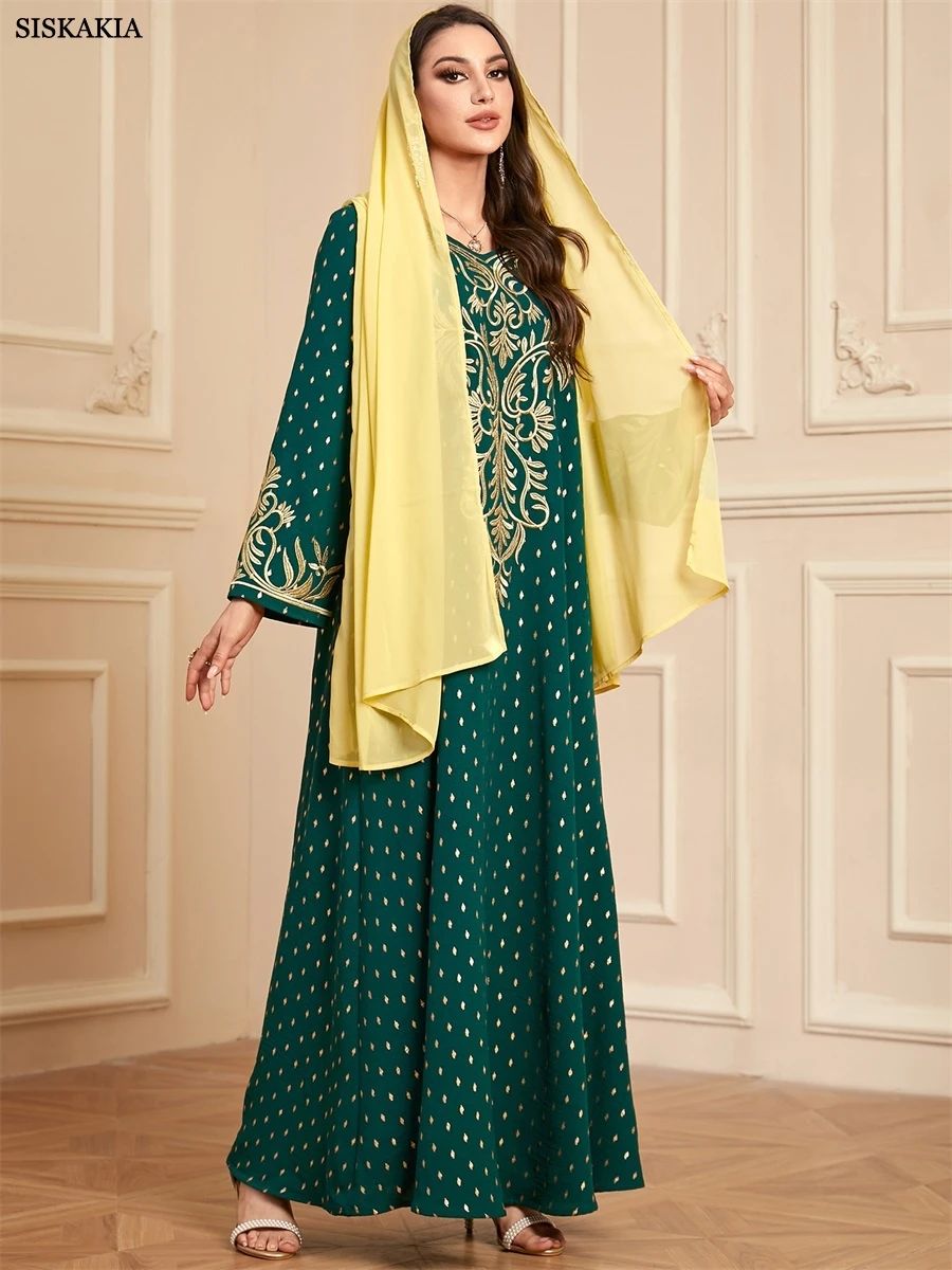 Elegant Embroidered Jalabiya with Matching Scarf and Long Sleeves Elegant Embroidered Jalabiya with Matching Scarf and Long Sleeves