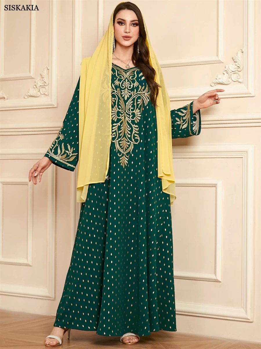 Elegant Embroidered Jalabiya with Matching Scarf and Long Sleeves Elegant Embroidered Jalabiya with Matching Scarf and Long Sleeves
