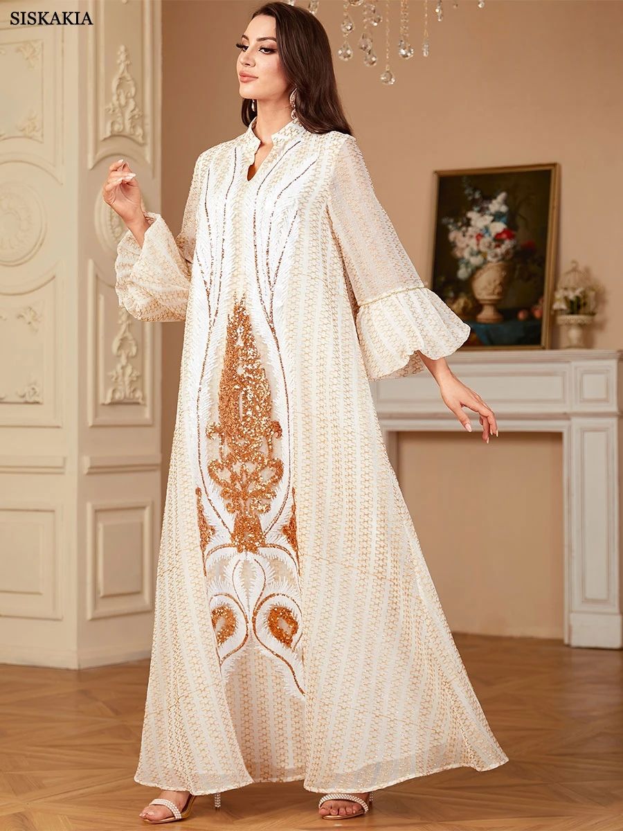 Sequin V-Neck Jalabiya with Flare Sleeves for Ramadan Wear
