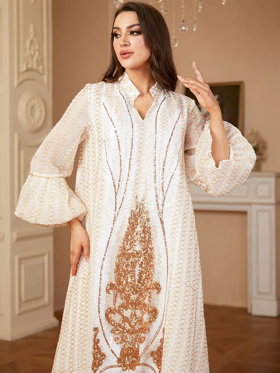 Sequin V-Neck Jalabiya with Flare Sleeves for Ramadan Wear