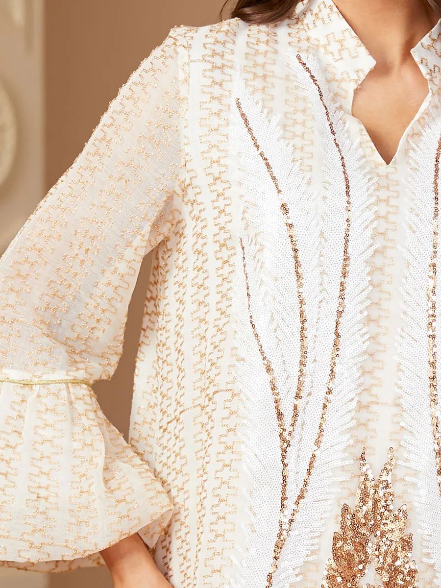 Sequin V-Neck Jalabiya with Flare Sleeves for Ramadan Wear