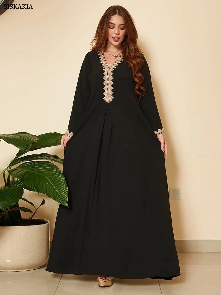 Elegant Solid Diamond-Embellished V-Neck Jalabiya Abaya Dress Siskakia - Women's Jalabiyas 1