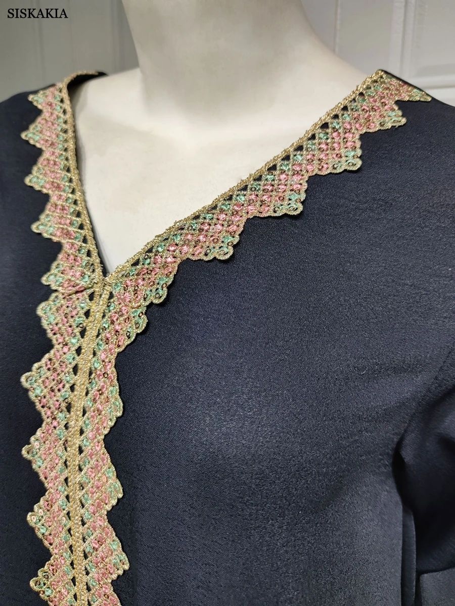 Elegant Solid Diamond-Embellished V-Neck Jalabiya Abaya Dress Siskakia - Women's Jalabiyas 3