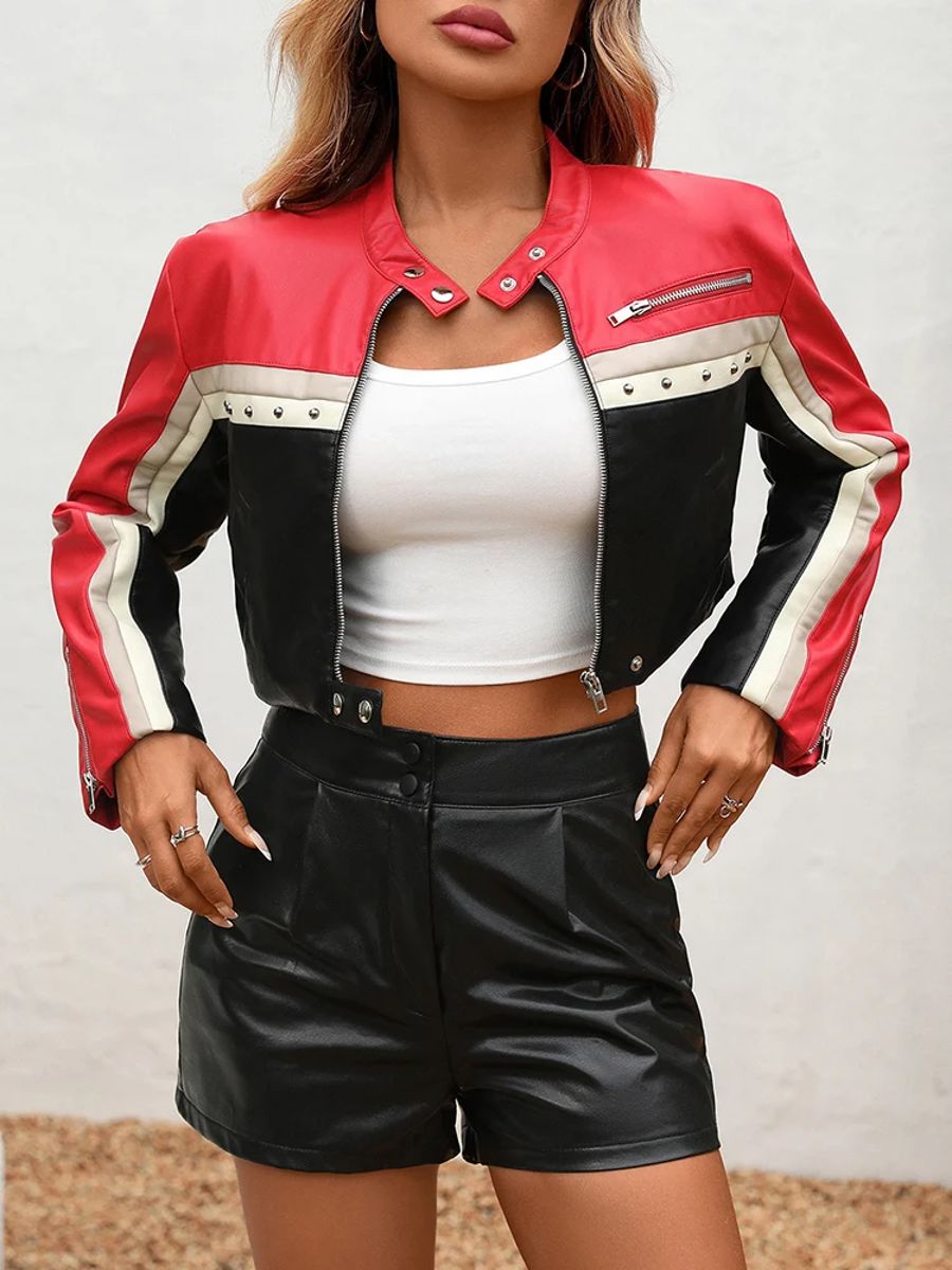 Vintage Faux Leather Rivet Jacket with Short Moto Style Vintage Faux Leather Rivet Jacket with Short Moto Style