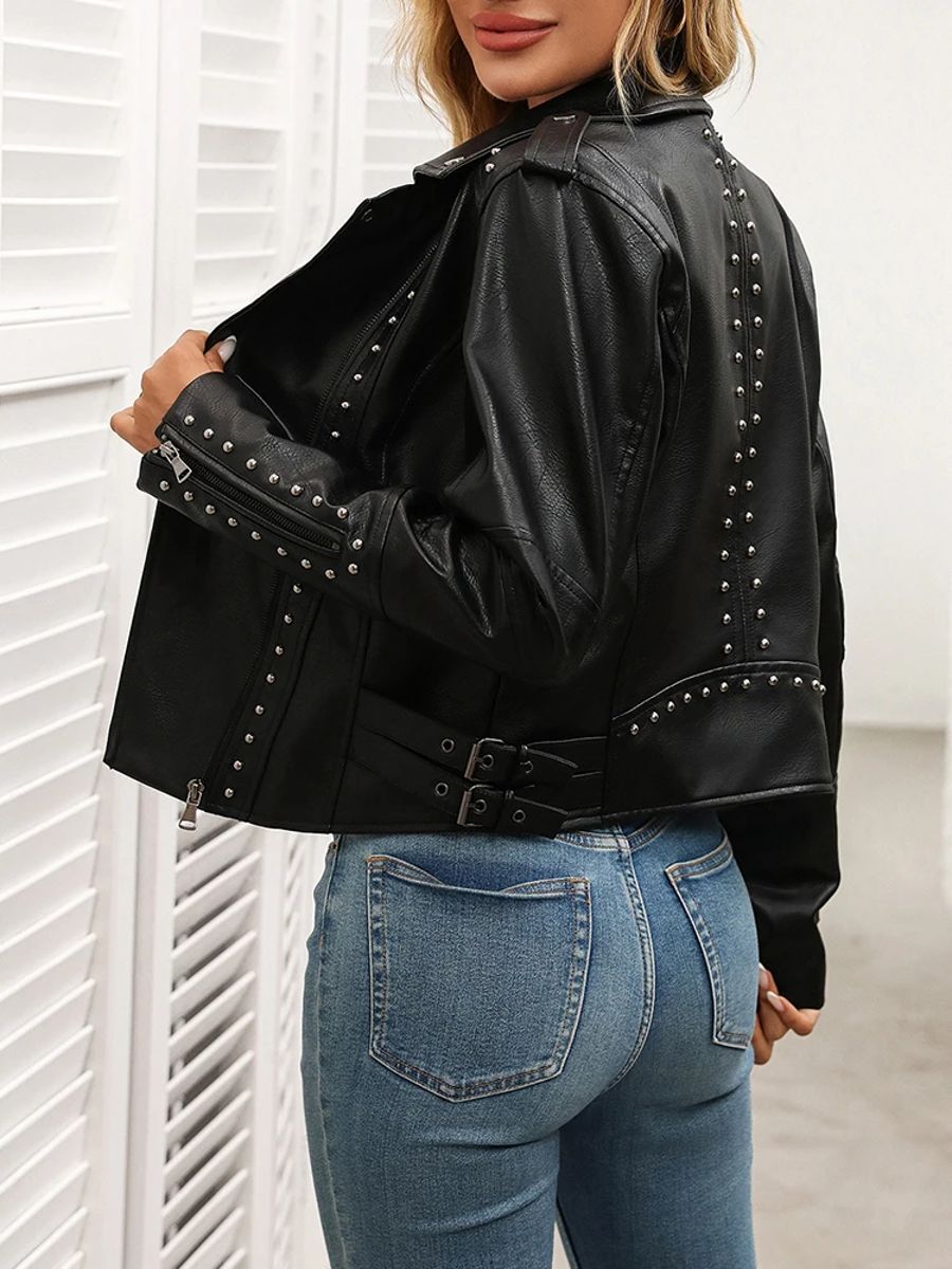 Vintage Black Faux Leather Jacket with Rivet Street Style