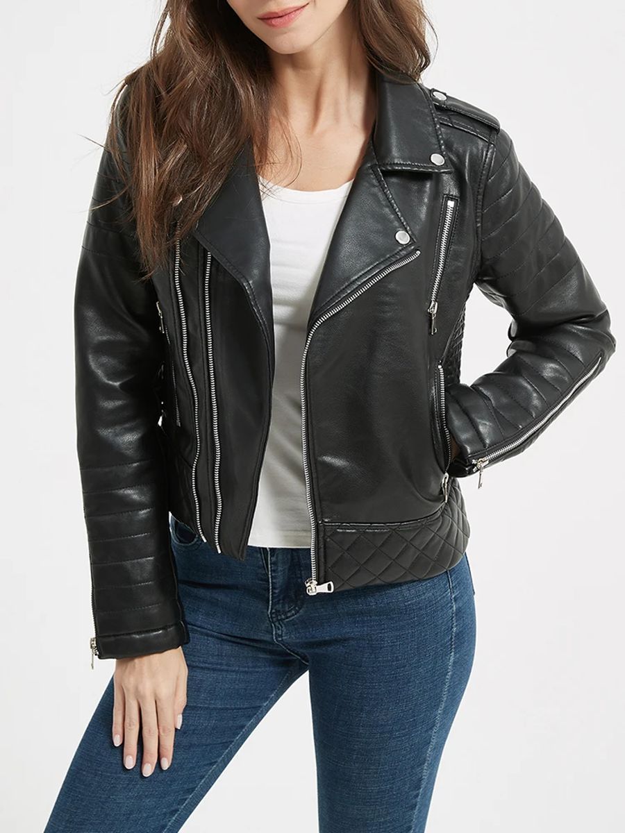 Women’s Short Moto Faux Leather Jacket with Quilted Zipper Details