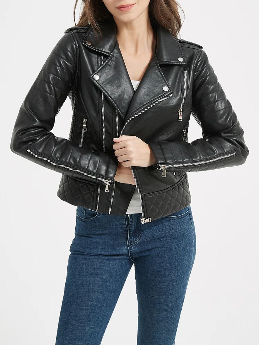 Women’s Short Moto Faux Leather Jacket with Quilted Zipper Details