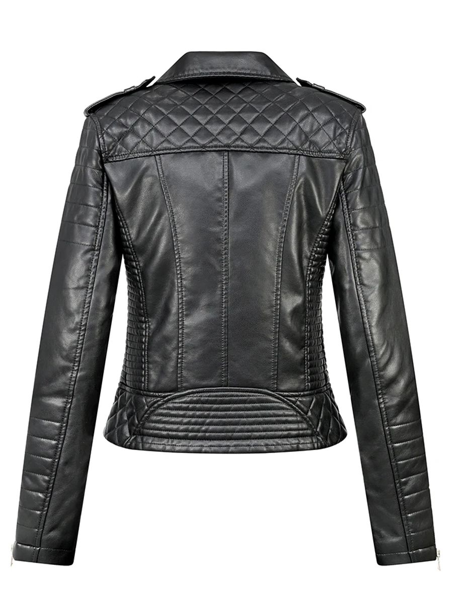 Women’s Short Moto Faux Leather Jacket with Quilted Zipper Details
