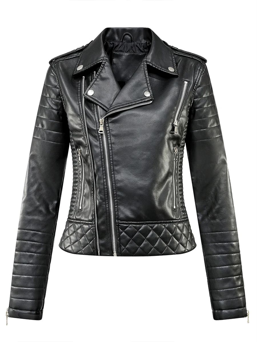 Women’s Short Moto Faux Leather Jacket with Quilted Zipper Details