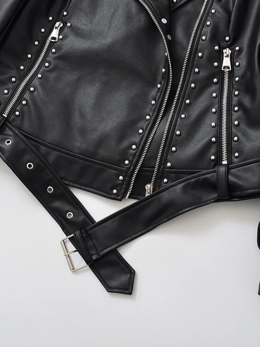 Retro Short Faux Leather Jacket with Zipper and Belt Detail