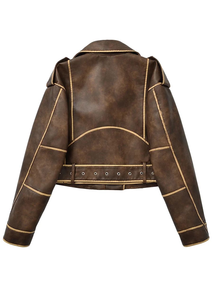 Loose Fit Retro Faux Leather Jacket with Zipper and Belt