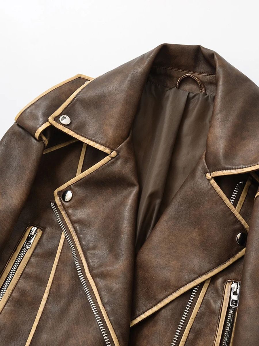 Loose Fit Retro Faux Leather Jacket with Zipper and Belt