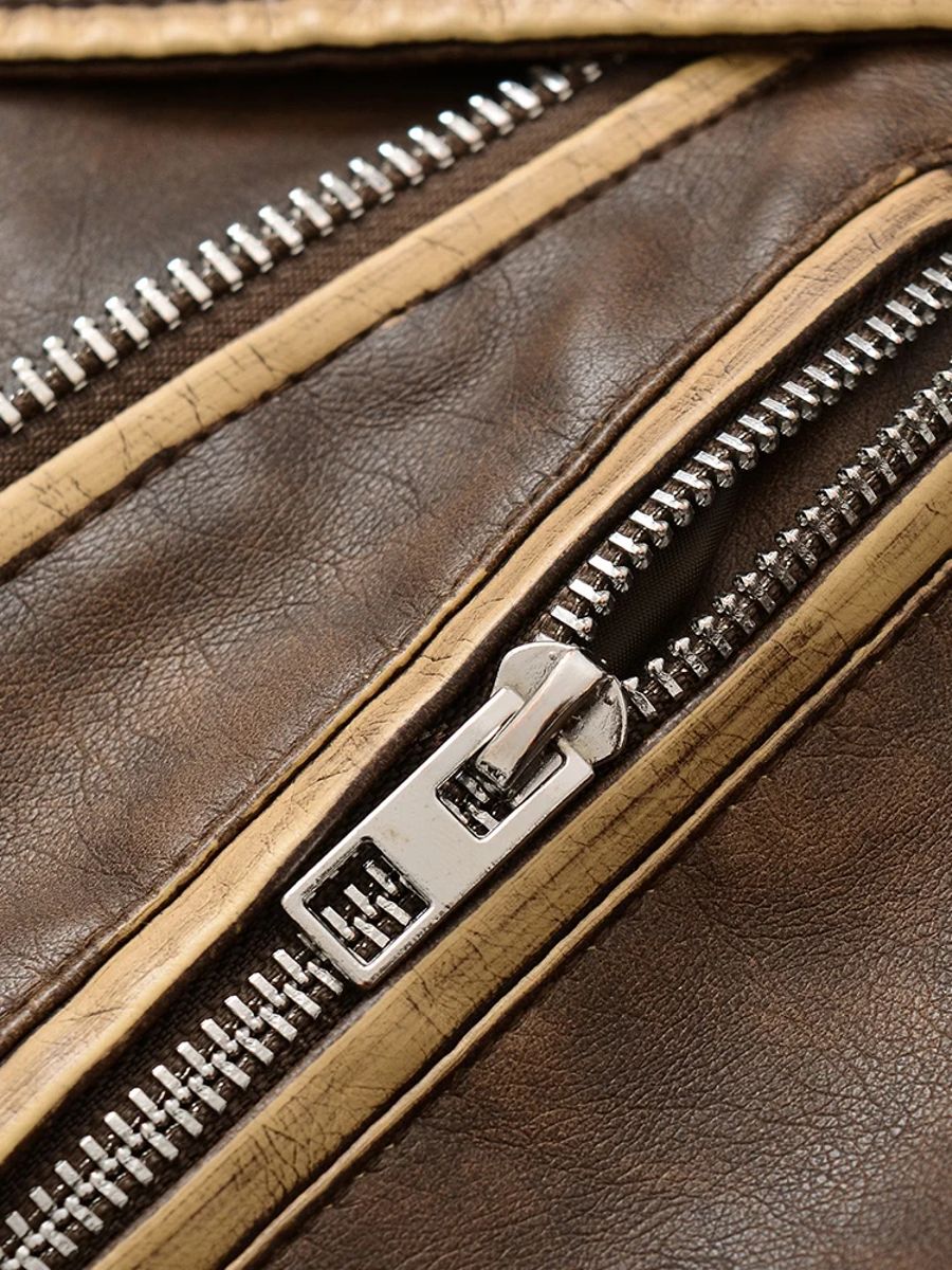 Loose Fit Retro Faux Leather Jacket with Zipper and Belt