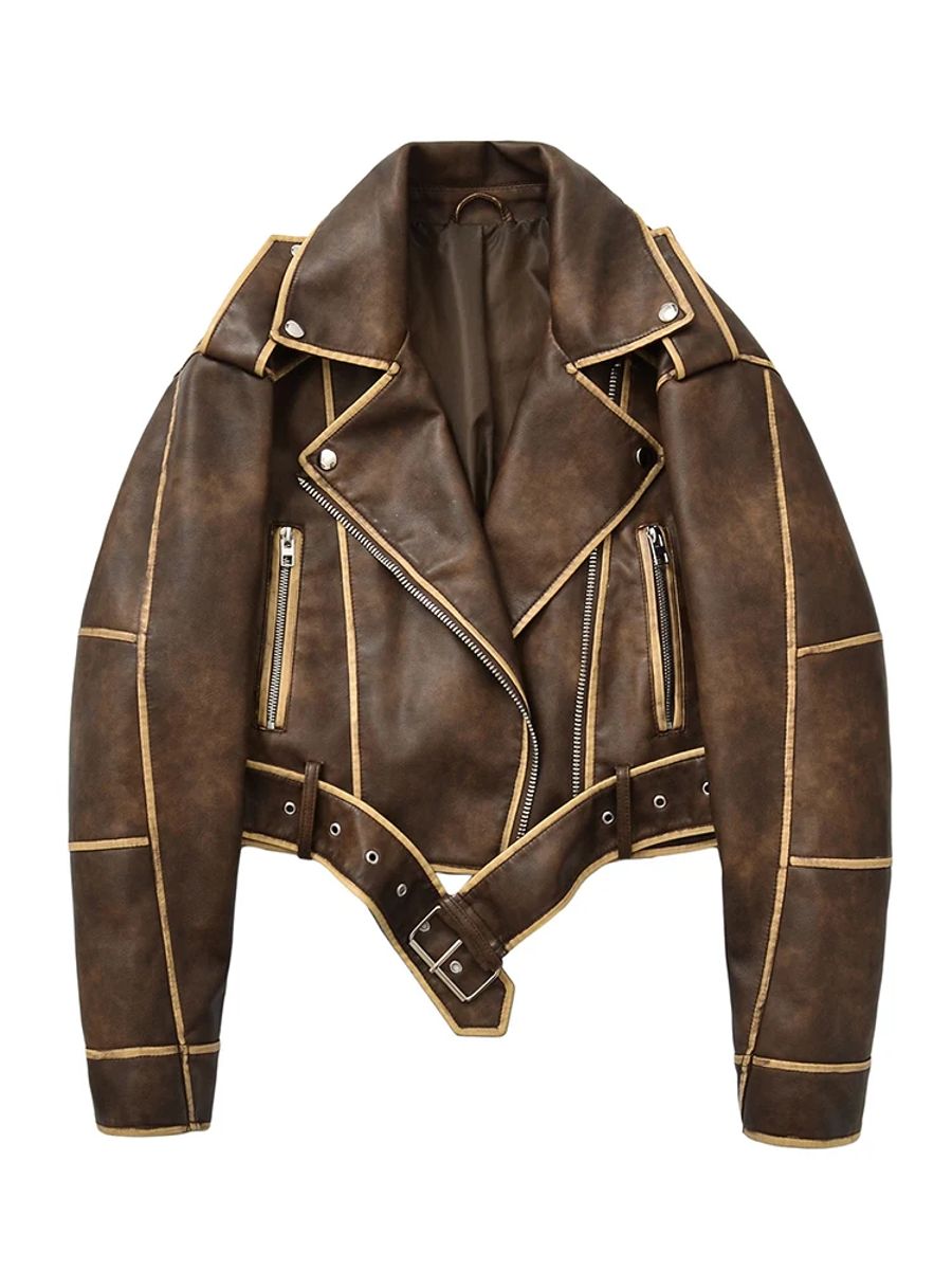 Loose Fit Retro Faux Leather Jacket with Zipper and Belt