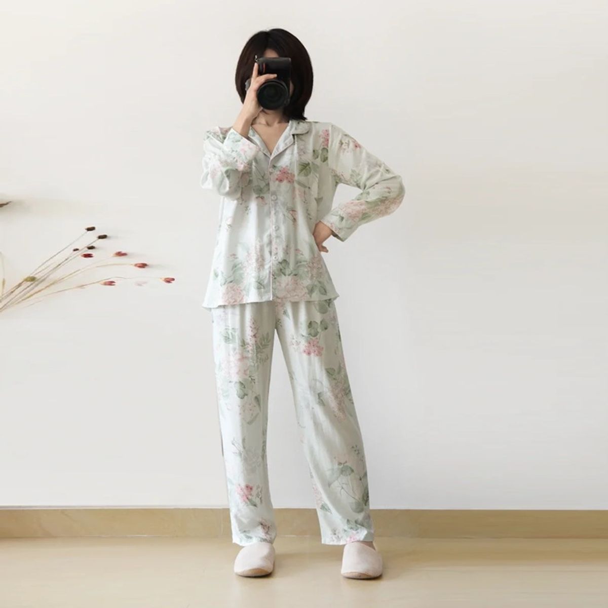 Floral Viscose Silk Lounge Set with Long Sleeves for Women