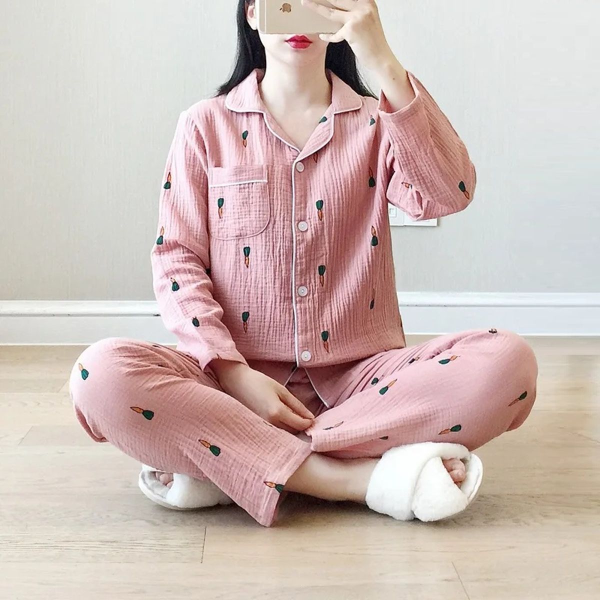 Cotton Crepe Long Sleeve Carrot Print Homewear Sleep Set Cotton Crepe Long Sleeve Carrot Print Homewear Sleep Set