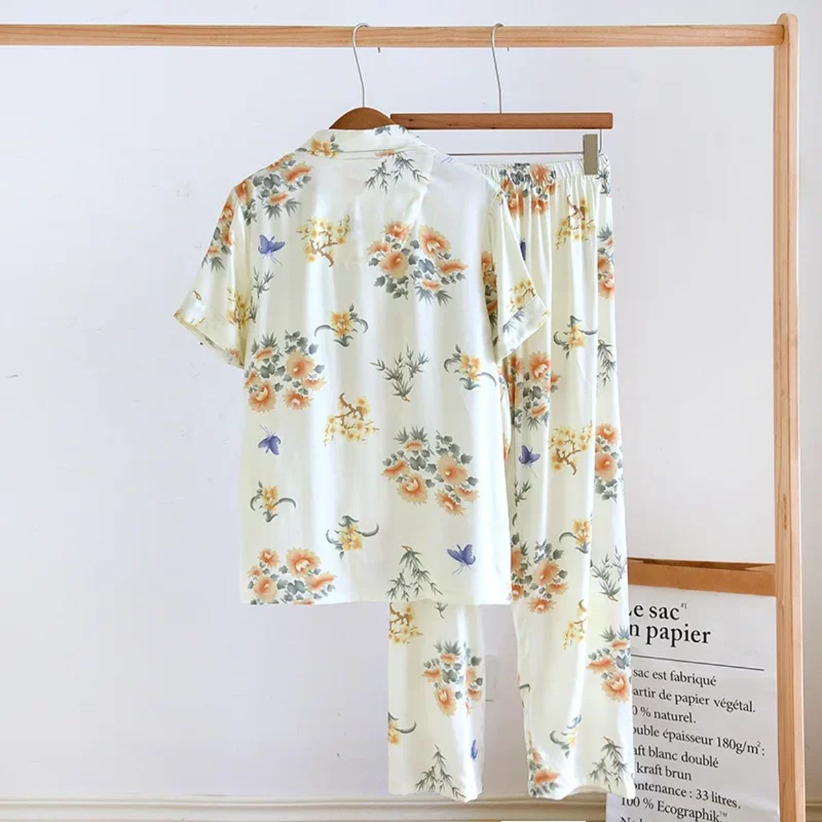 Floral Viscose Short Sleeve Lounge Set with Long Pants Cloud Cotton - Women's Loungewear 1