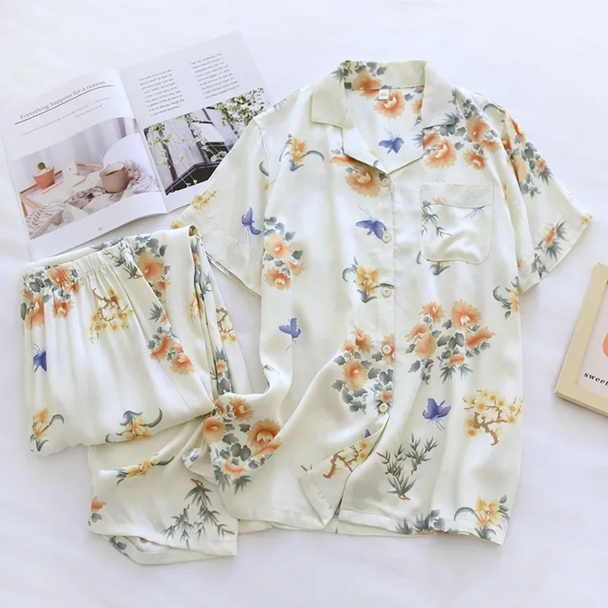 Floral Viscose Short Sleeve Lounge Set with Long Pants Cloud Cotton - Women's Loungewear 2
