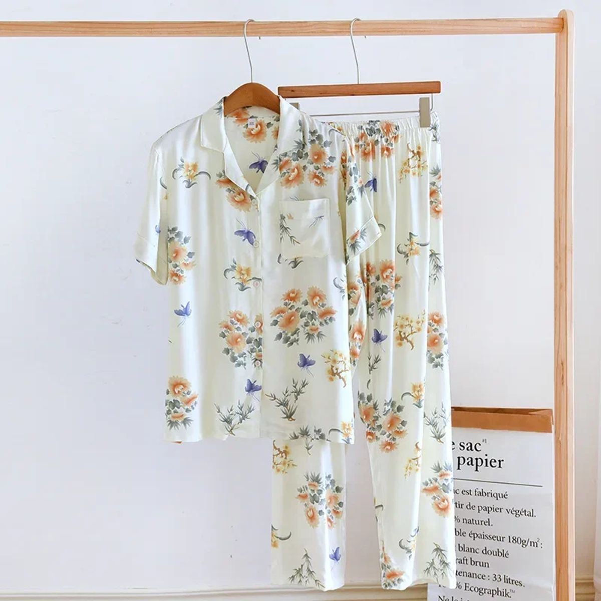 Floral Viscose Short Sleeve Lounge Set with Long Pants Cloud Cotton - Women's Loungewear 9