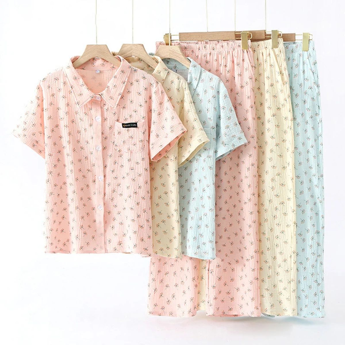 Cotton Crepe Short Sleeve Loungewear Set with Shirt Collar Cotton Crepe Short Sleeve Loungewear Set with Shirt Collar