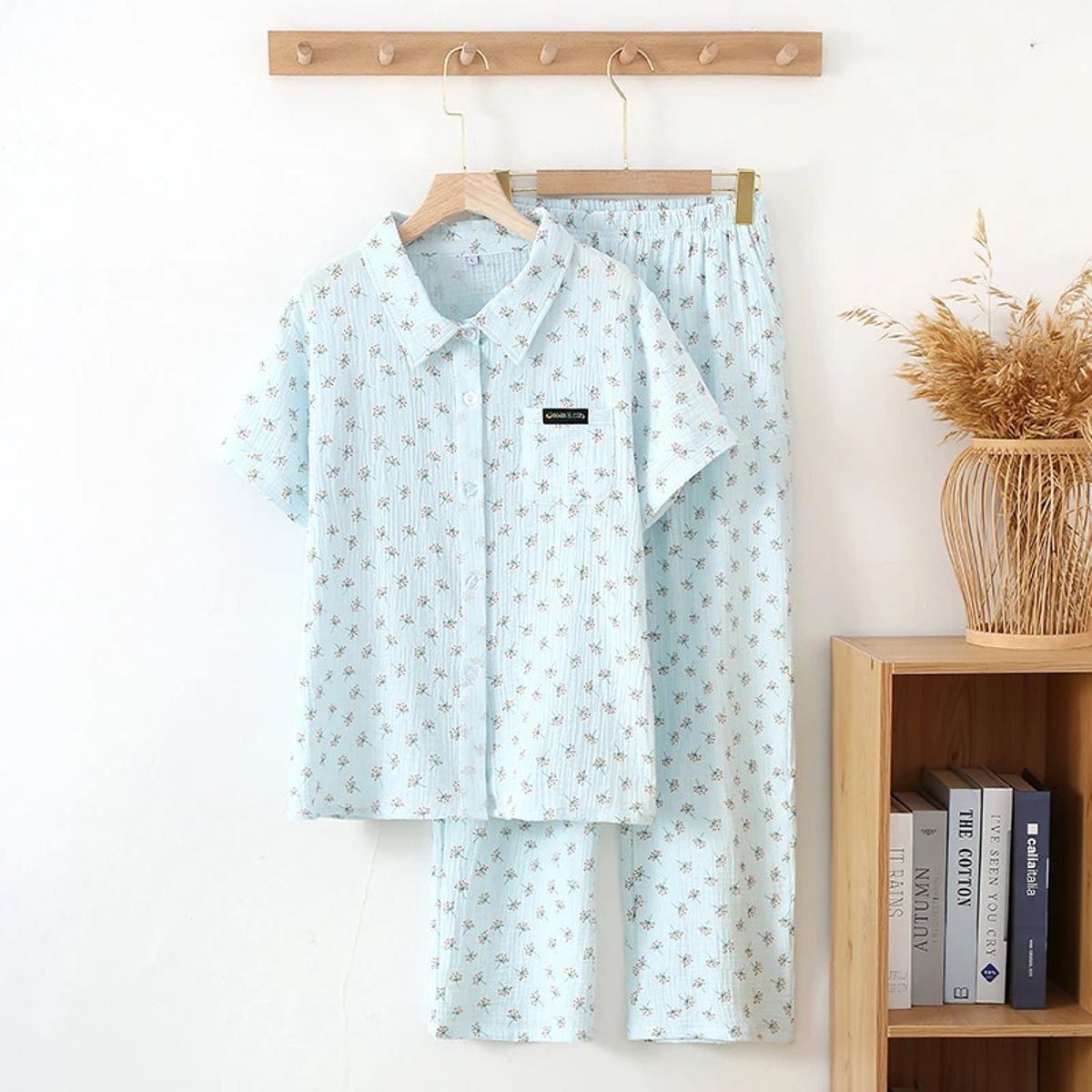 Cotton Crepe Short Sleeve Loungewear Set with Shirt Collar Cotton Crepe Short Sleeve Loungewear Set with Shirt Collar
