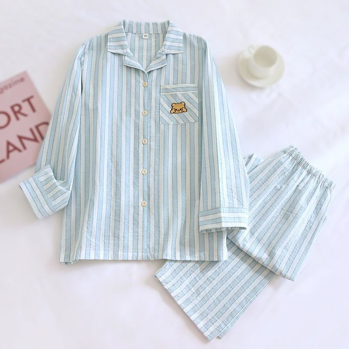 Striped Cotton Two-Piece Loungewear Set with Long Sleeves Striped Cotton Two-Piece Loungewear Set with Long Sleeves
