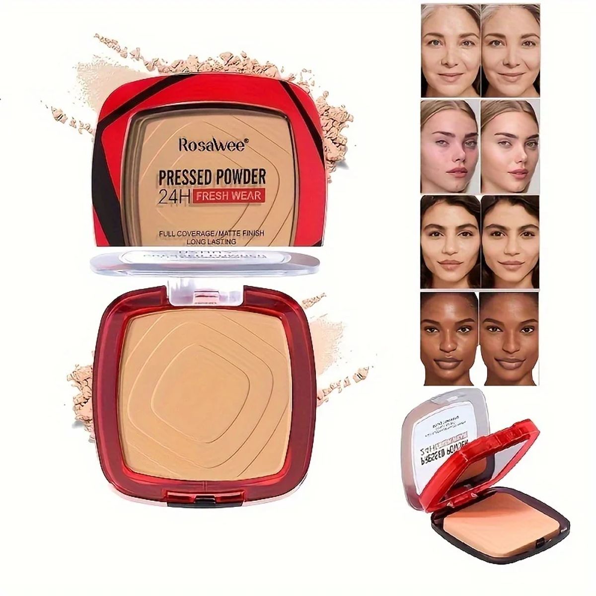 24H Matte Pressed Powder Foundation with Puff Applicator Rosawee - Women's Face 1