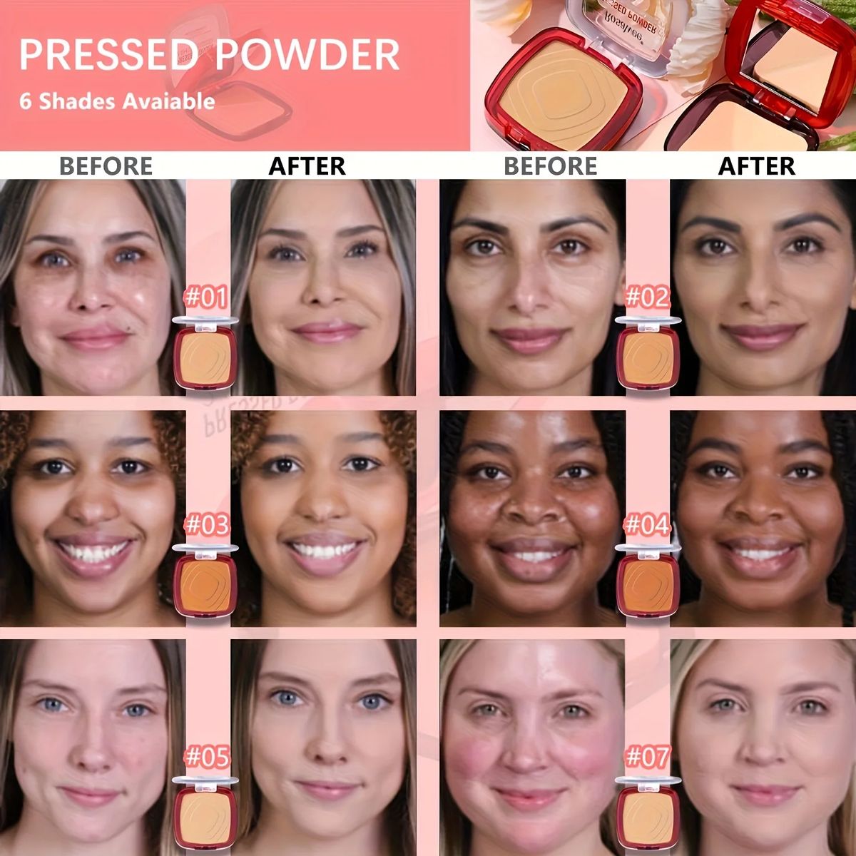 24H Matte Pressed Powder Foundation with Puff Applicator Rosawee - Women's Face 3