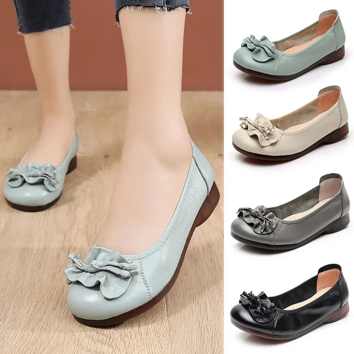 Slip-On Genuine Leather Flats with Thick Sole for Casual Wear