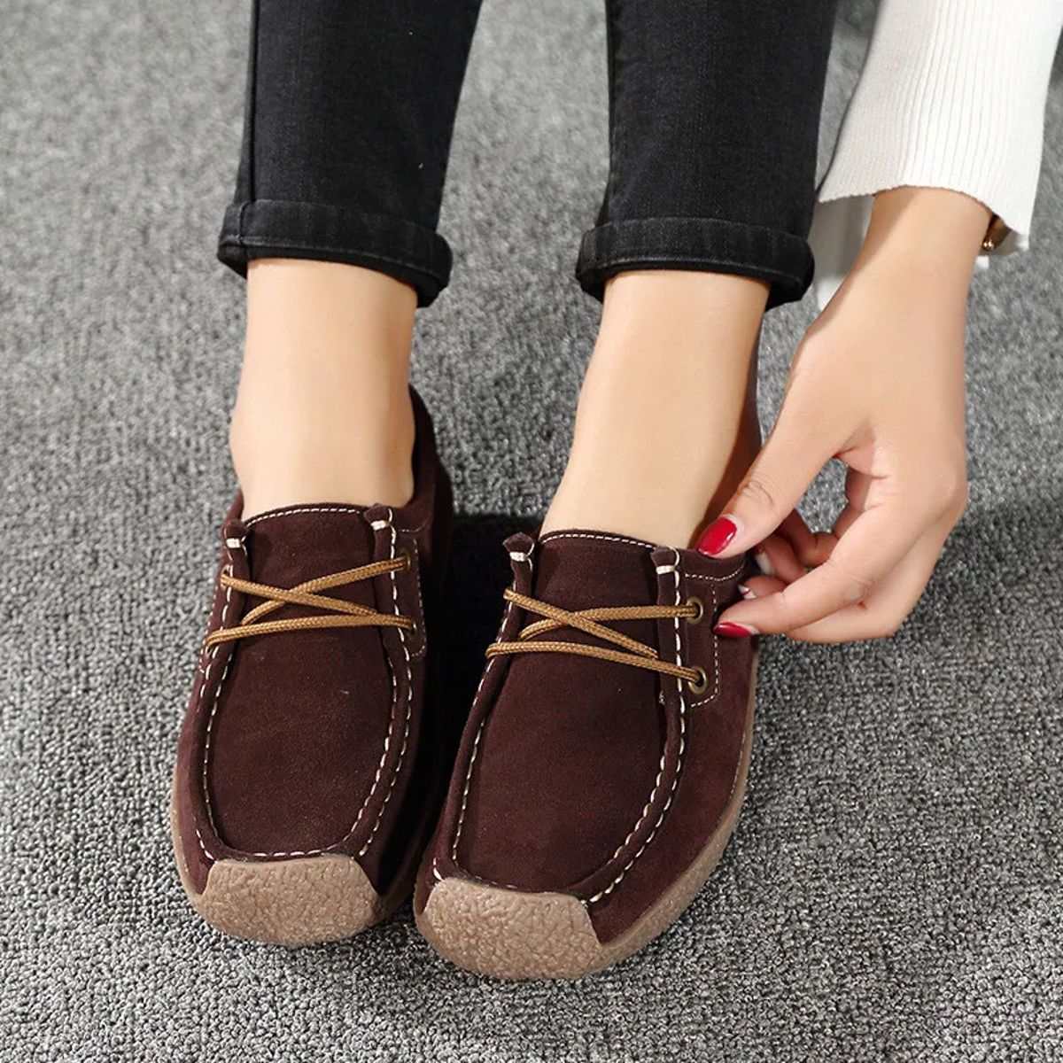 Genuine Leather Lace-Up Flats for Women with Suede Finish