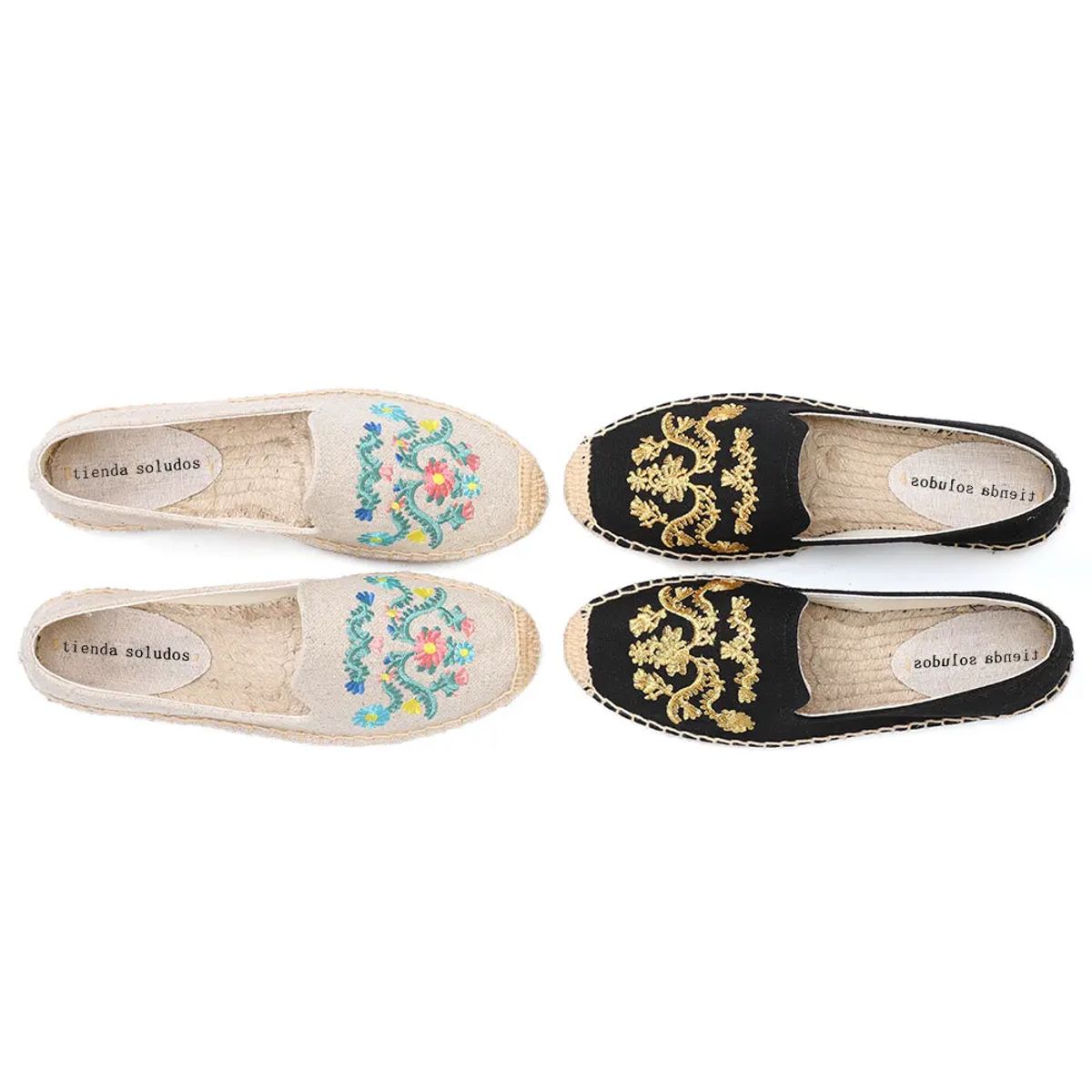 Embroidered Hemp Espadrille Flats with Floral Stitch Detailing