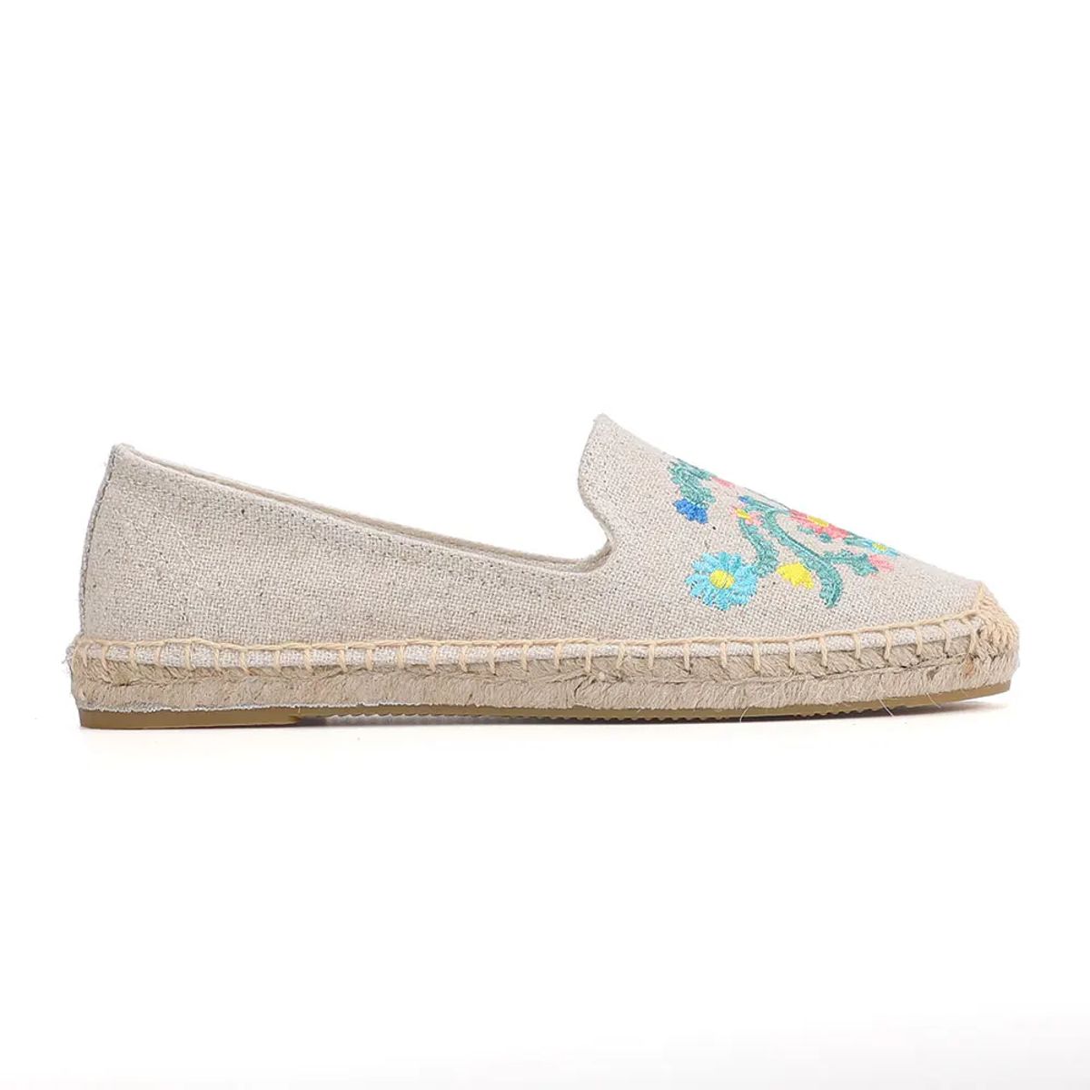 Embroidered Hemp Espadrille Flats with Floral Stitch Detailing