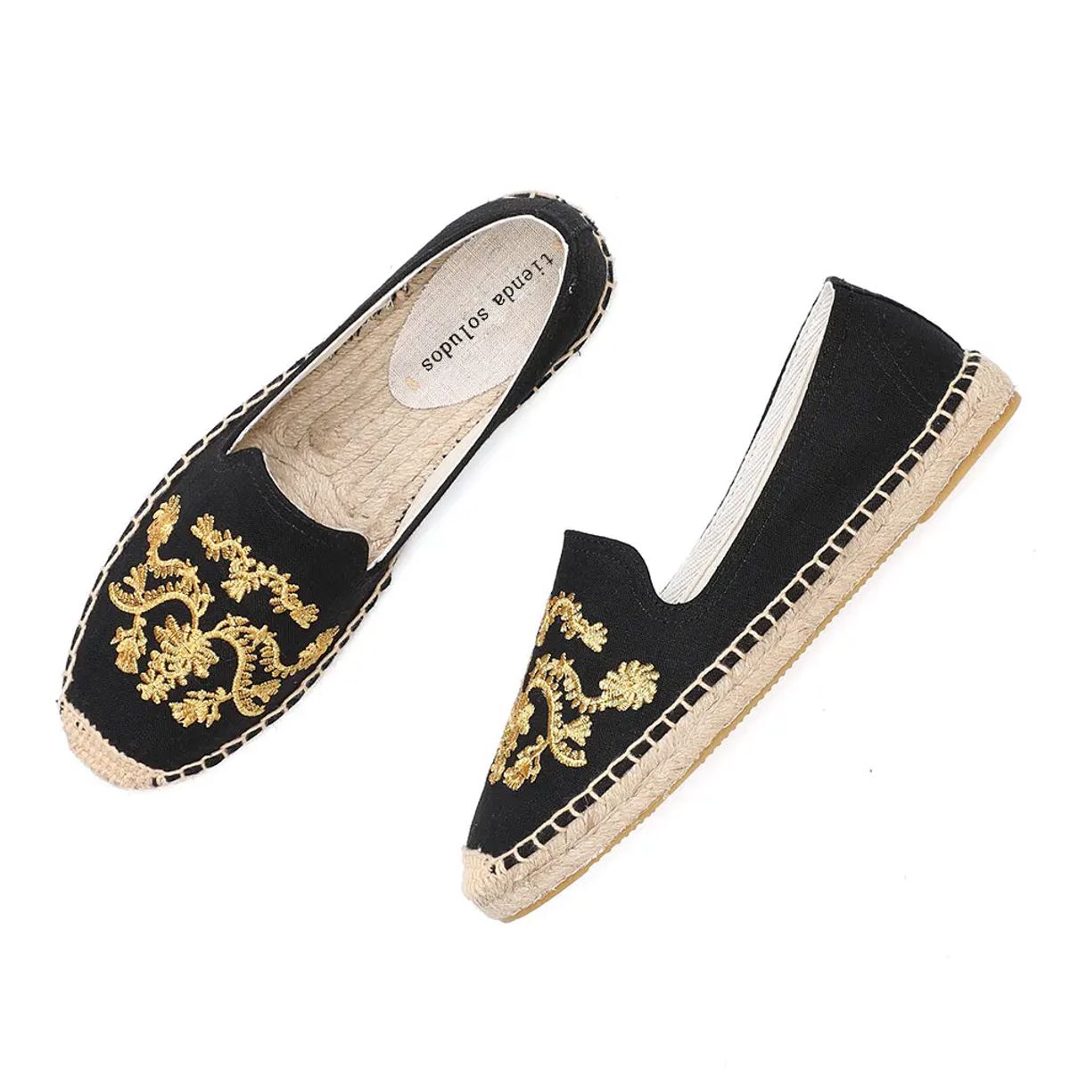 Embroidered Hemp Espadrille Flats with Floral Stitch Detailing