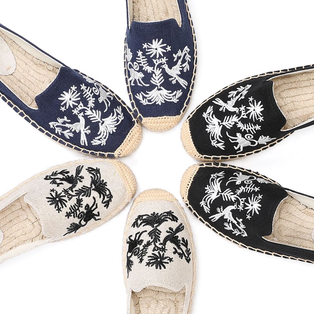 Floral Embroidered Hemp Slip-On Espadrille Platform Flats