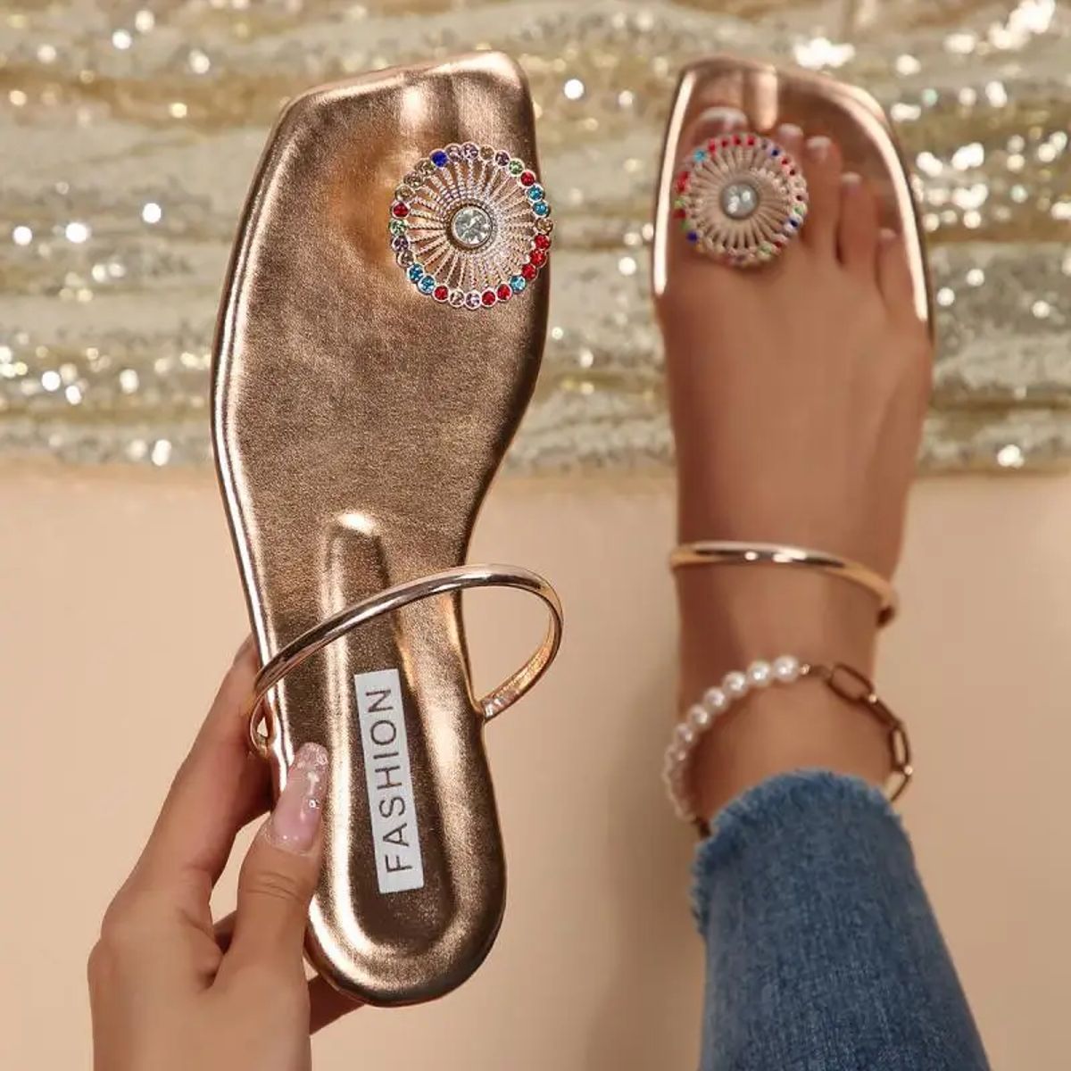 Elegant Glitter Flat Sandals with Square Open Toe Design Rimocy - Women's Flat Sandals 3