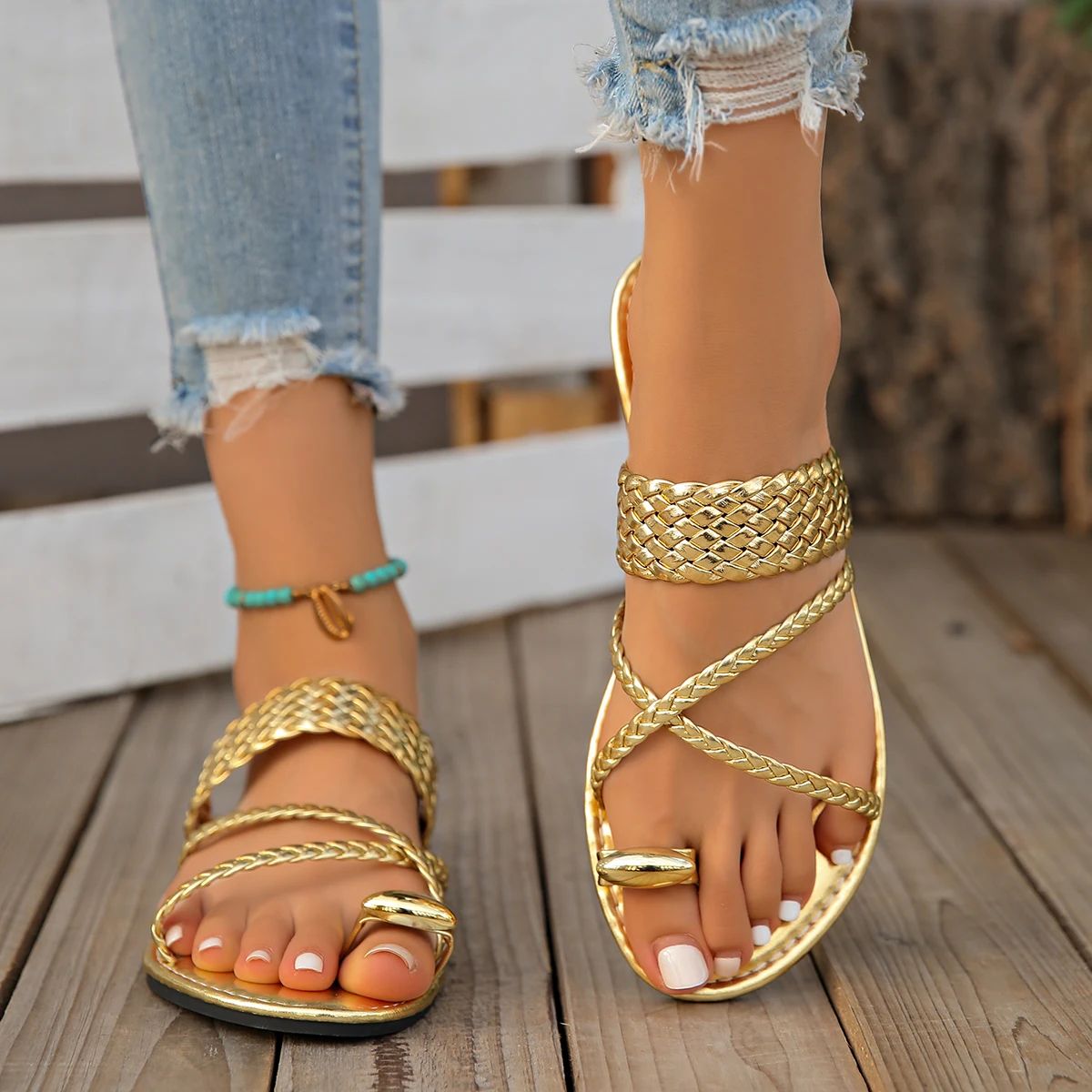 Roman Style Cross Strap Flat Sandals with Ring Toe Roman Style Cross Strap Flat Sandals with Ring Toe