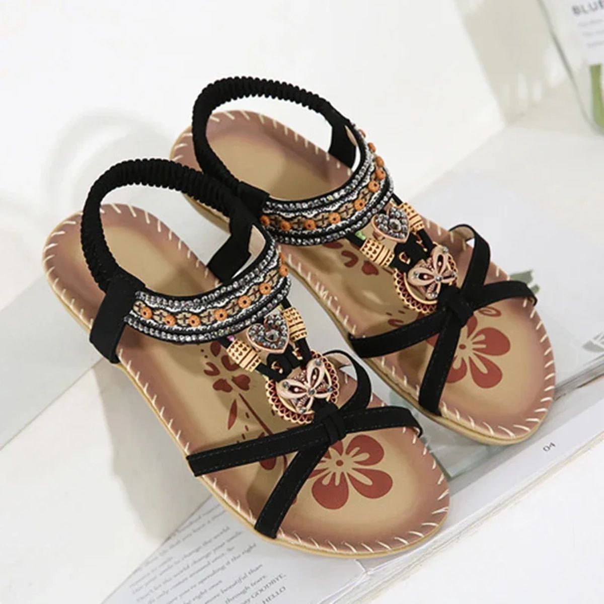 Bohemian Beaded T-Strap Sandals with Low Wedge Comfort Bohemian Beaded T-Strap Sandals with Low Wedge Comfort