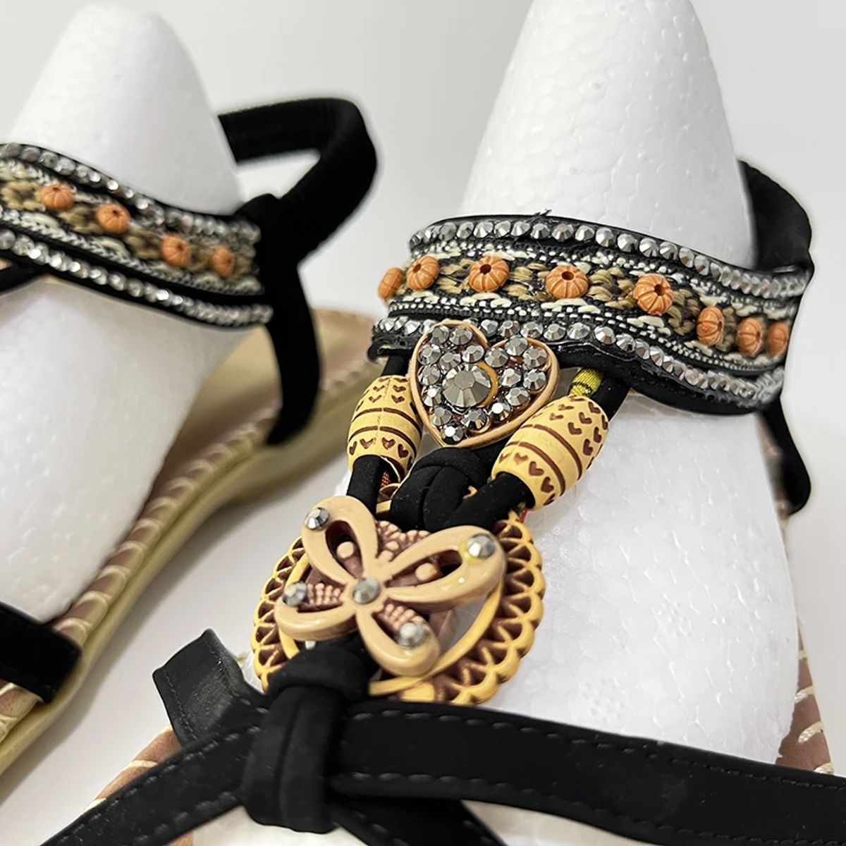 Bohemian Beaded T-Strap Sandals with Low Wedge Comfort Bohemian Beaded T-Strap Sandals with Low Wedge Comfort