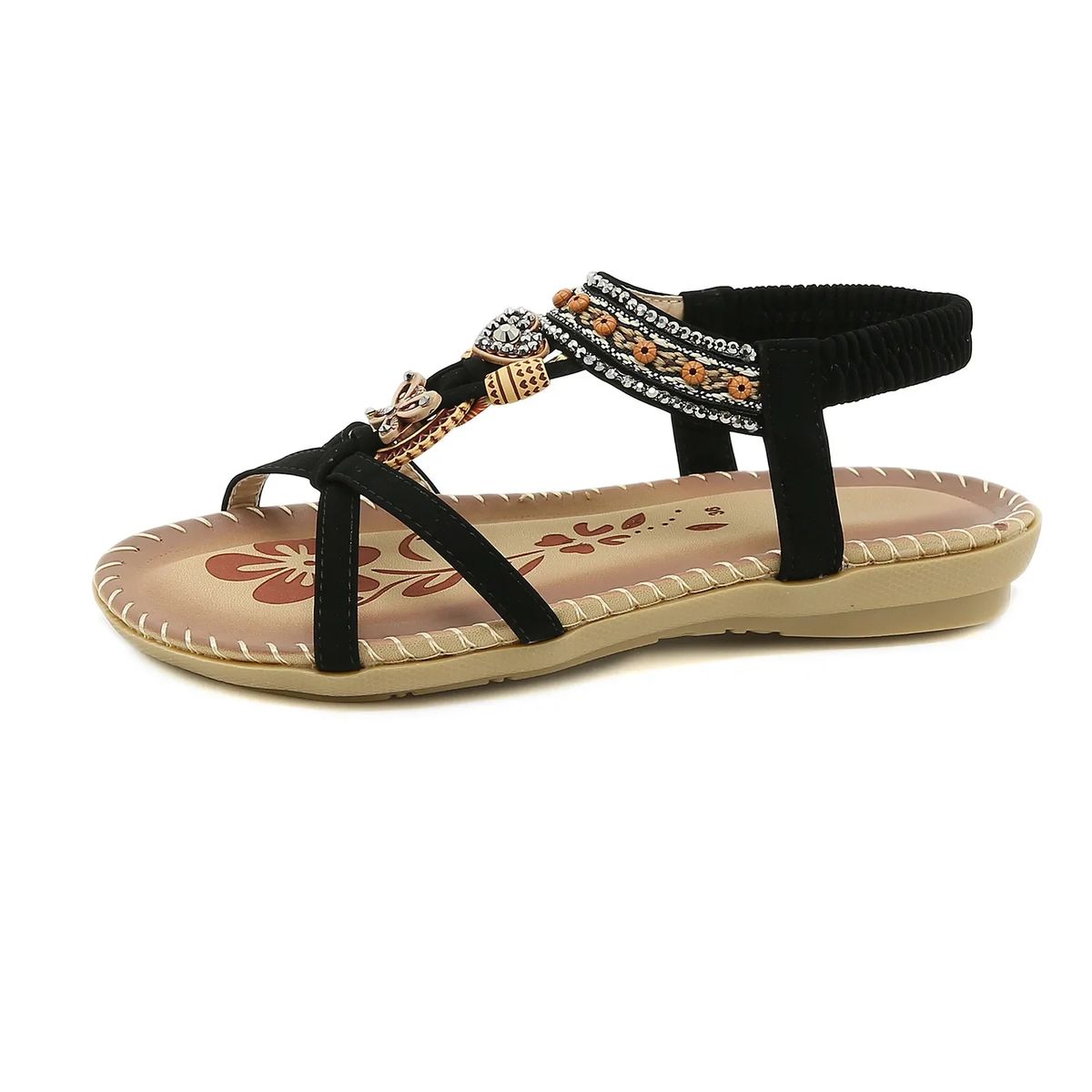Bohemian Beaded T-Strap Sandals with Low Wedge Comfort