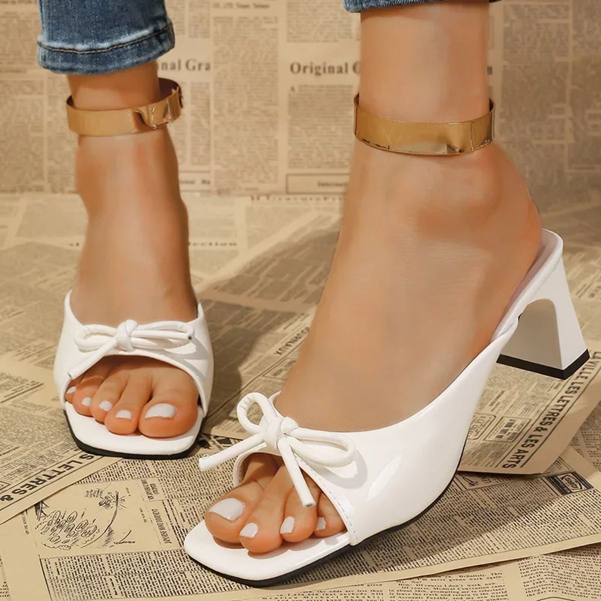 Elegant Slip-On Bowknot Sandals with Square Toe High Heels