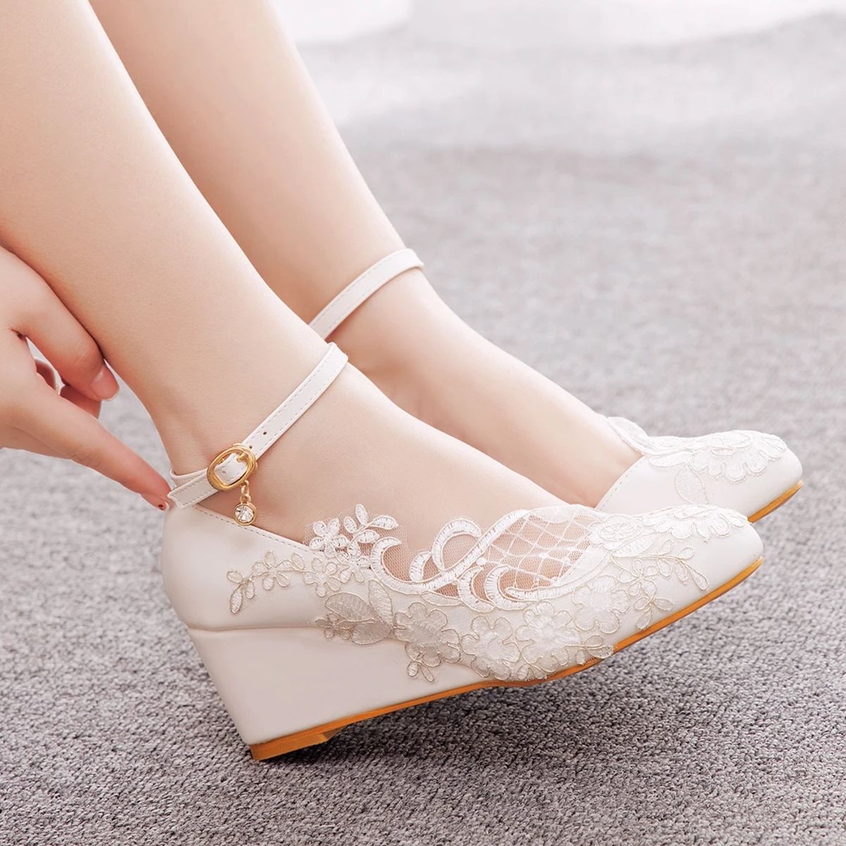 Elegant Lace Wedge Pumps with Ankle Strap for Weddings