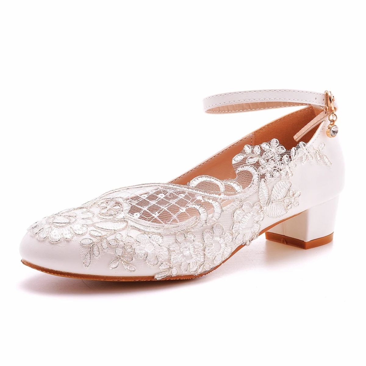Elegant Lace Low Heel Pumps with Ankle Buckle Strap
