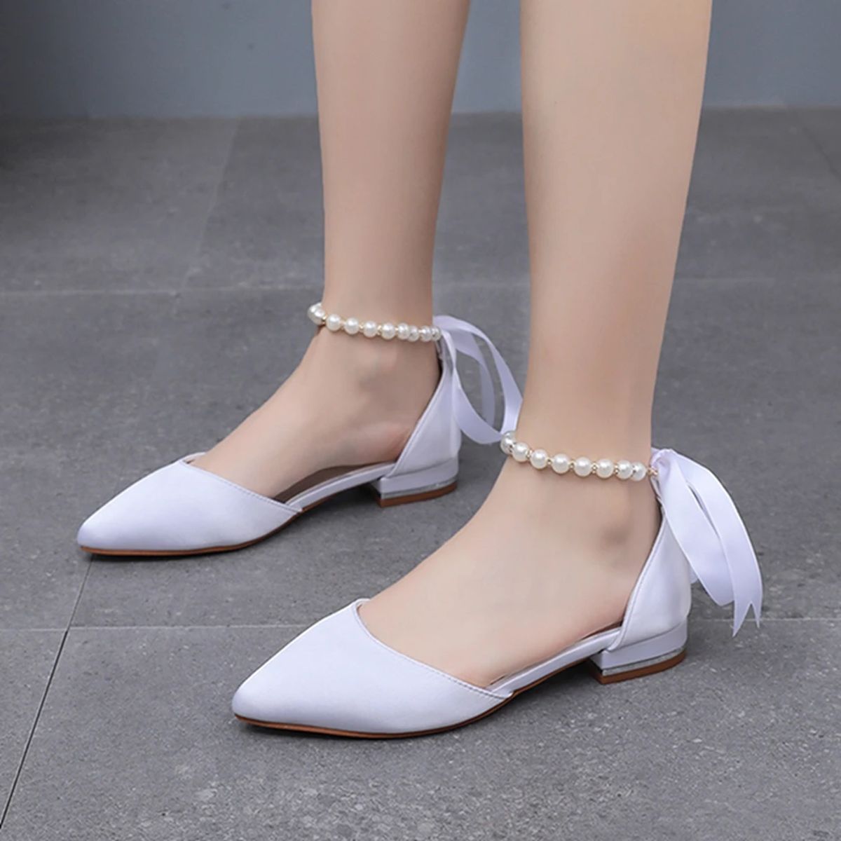 Elegant Pearl-Strapped Square Heel Pointed Toe Women's Sandals