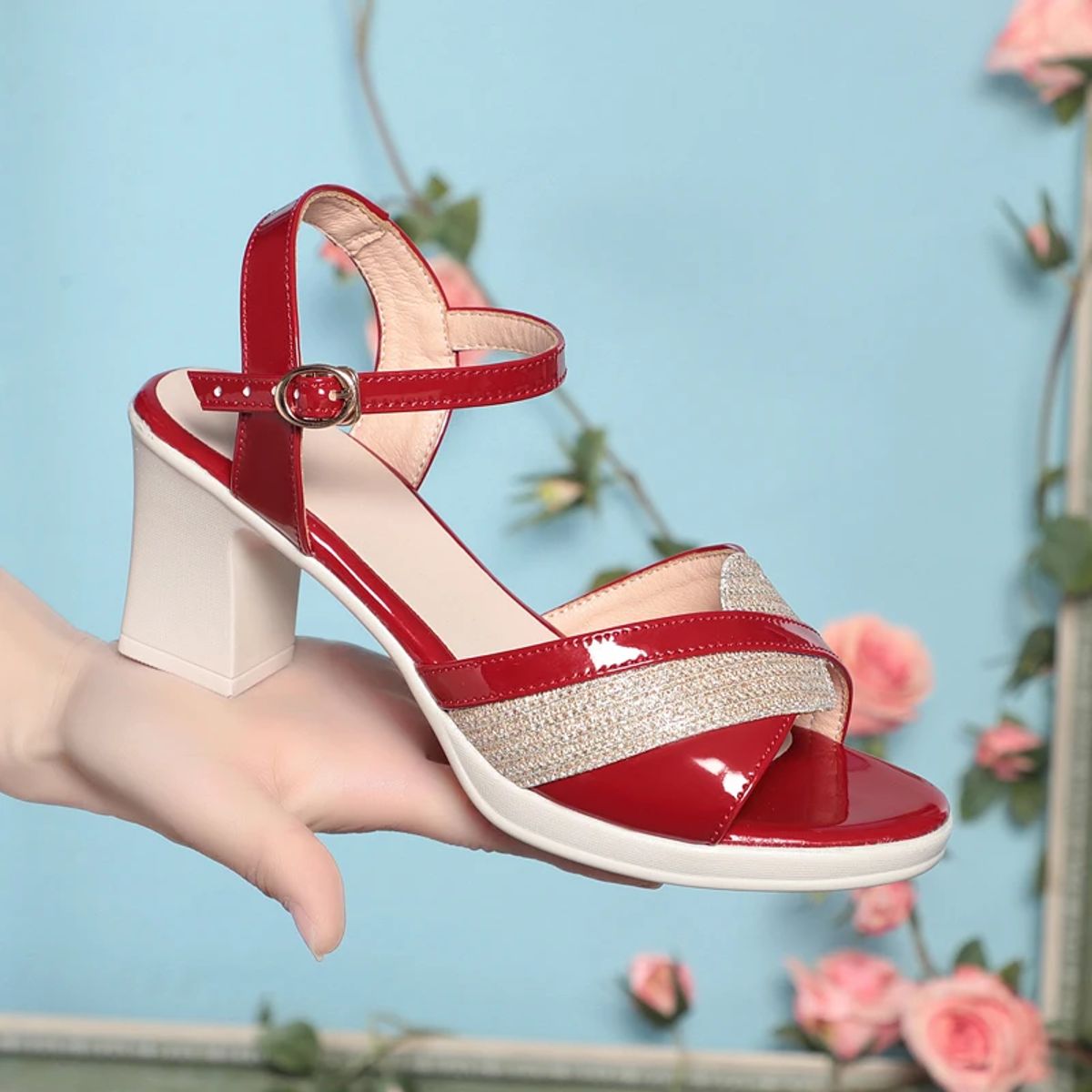 Elegant Patent Leather High Heel Sandals with Open Toe Design