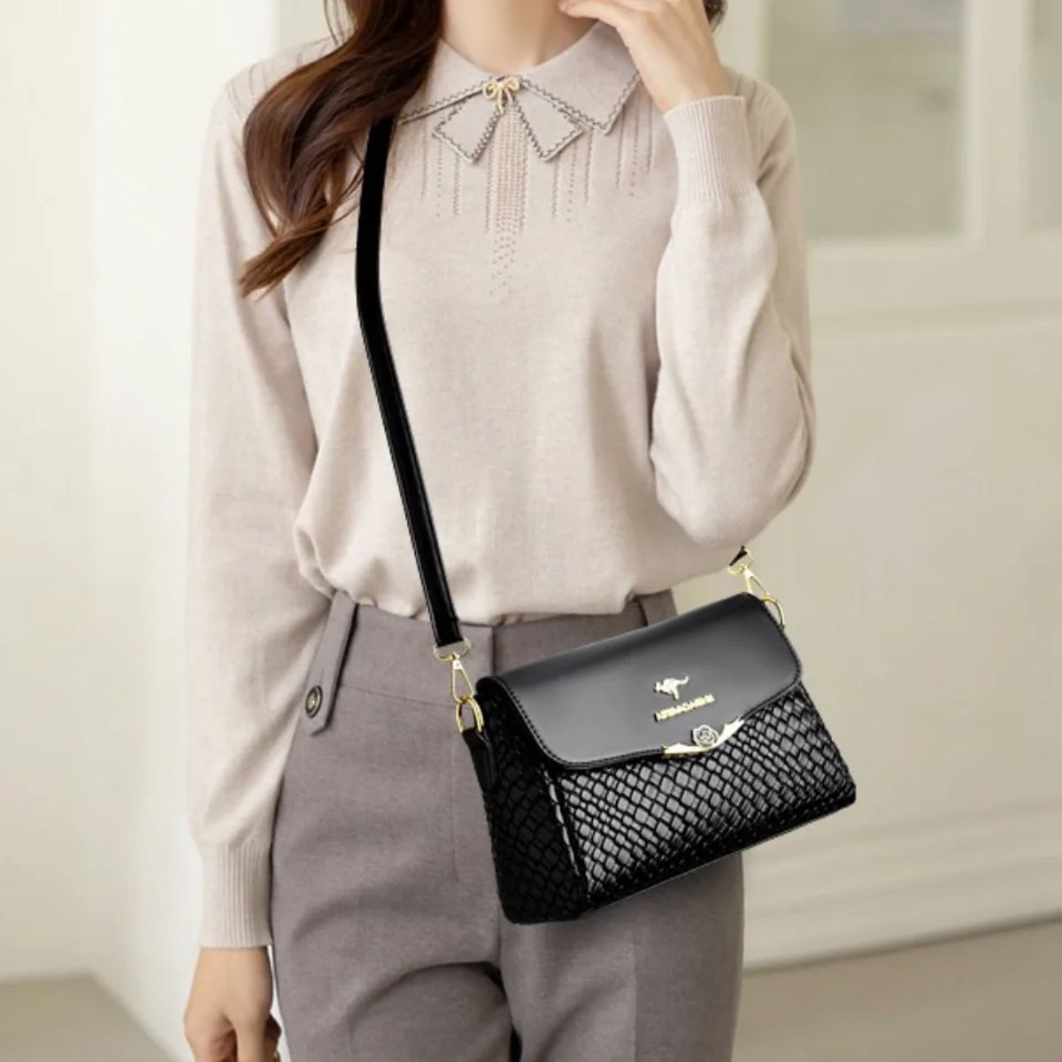 Luxury PU Leather Knitted Shoulder Crossbody Bag for Women