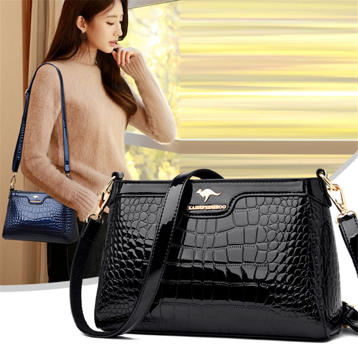 Elegant Crocodile Pattern Patent Leather Shoulder Crossbody Bag Women